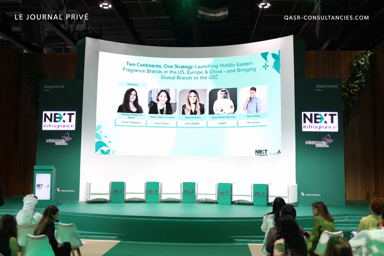 The NEXT in Fragrance stage and screen showing the international fragrance market-entry panel at Beautyworld Middle East.