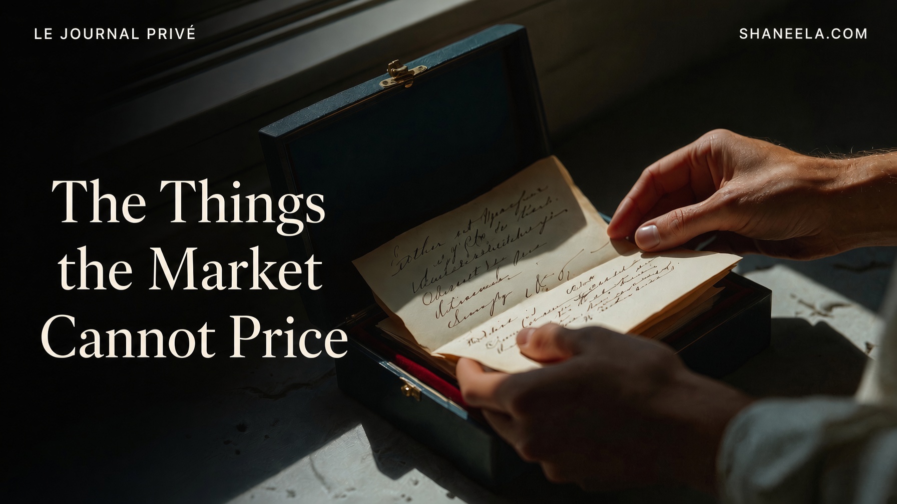 Editorial image for “The Things the Market Cannot Price”, showing hands holding an aged handwritten letter over an open dark keepsake box.