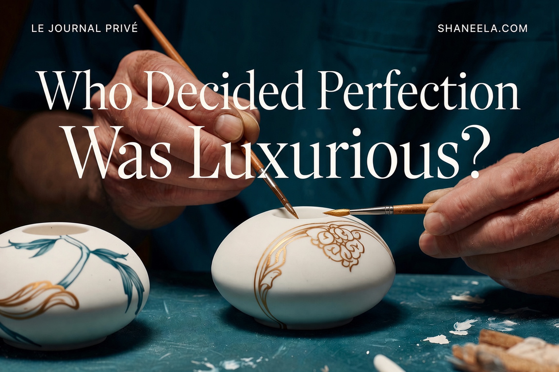 Hands using fine brushes to decorate white ceramic vessels with gold and teal patterns.